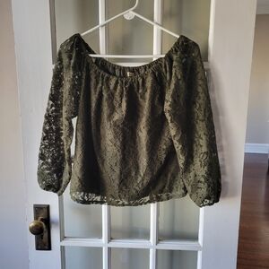Hollister olive green lace off-the-shoulder, long-sleeve peasant boho Top Sz M